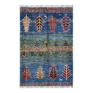 Gabbeh Tribal Area Rug, Hand-Knotted Wool, Trees, 3x5, Blue & Green For Sale