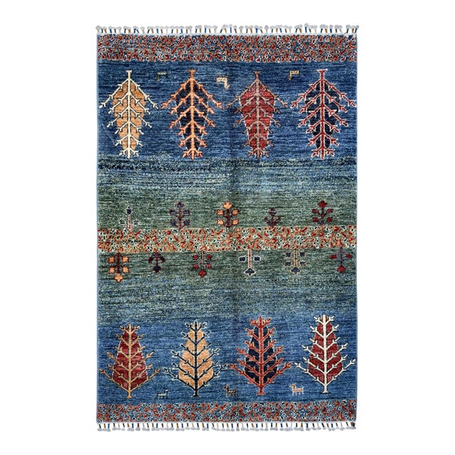 Gabbeh Tribal Area Rug, Hand-Knotted Wool, Trees, 3x5, Blue & Green For Sale