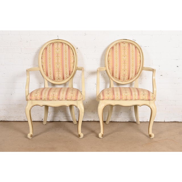 Karges French Provincial Louis XV Cream Lacquered and Gold Gilt Armchairs or Dining Chairs, Pair For Sale - Image 11 of 11