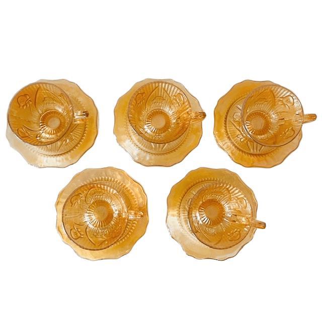 Vintage Jeanette Carnival Cup and Saucer Set in Peach Glass, 1930s, Set of 10 For Sale - Image 4 of 10