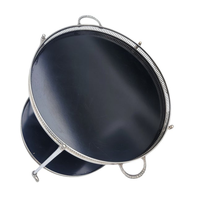 1950s French Hollywood Regency Nickel Bar Cart With Black Formica Trays – Mid Century 2-Tier Trolley For Sale - Image 5 of 11