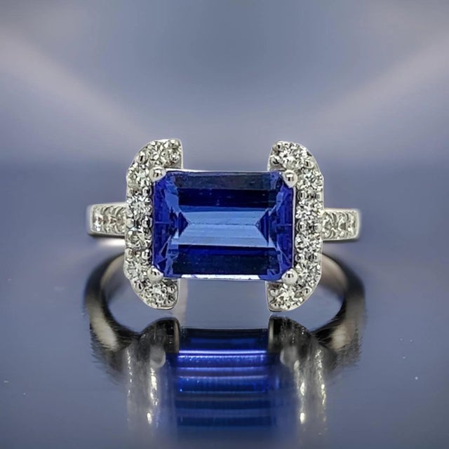 Traditional Natural Tanzanite Diamond Ring Size 6.5 14k W Gold 3.89 TCW Certified For Sale - Image 3 of 12