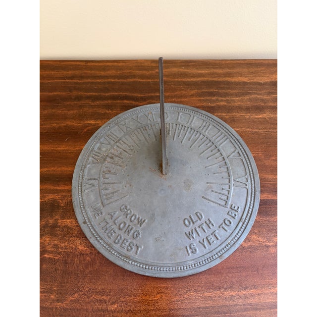 French Country Vintage English Country Iron Verdigris Garden Sundial "Grow Old Along With Me" For Sale - Image 3 of 6