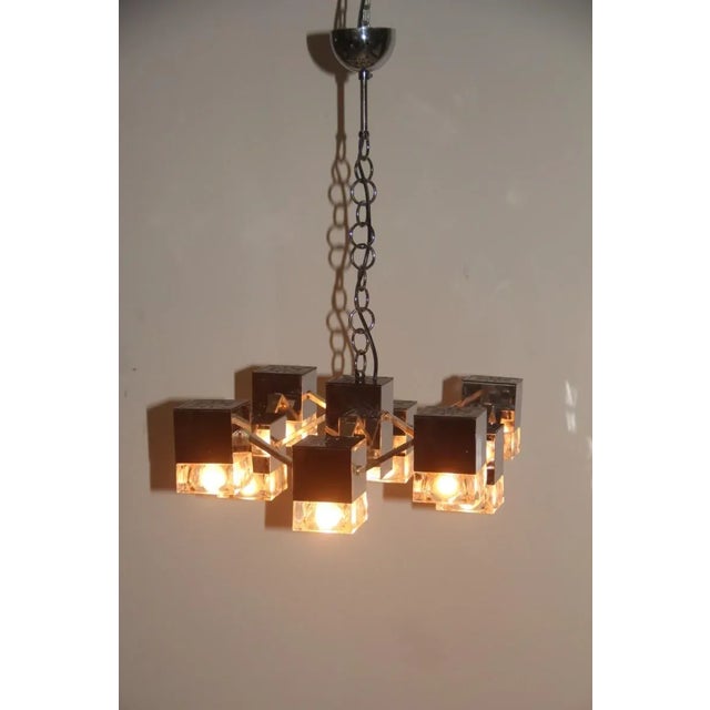 Italian Brass, Glass & Chromed Metal Cubic Chandelier by Gaetano Sciolari, 1970s For Sale - Image 6 of 14