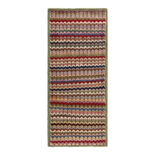 Distressed Vintage Deco Runner in Green, Pink and Beige-Brown Chevron Pattern For Sale
