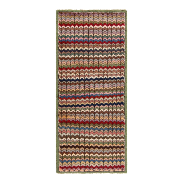 Distressed Vintage Deco Runner in Green, Pink and Beige-Brown Chevron Pattern For Sale