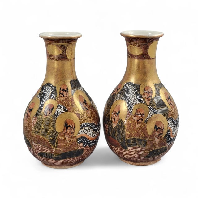 Japanese Satsuma Vases with Raised Gilt and Arhat Motifs, 1890-1910, Set of 2 For Sale - Image 3 of 15