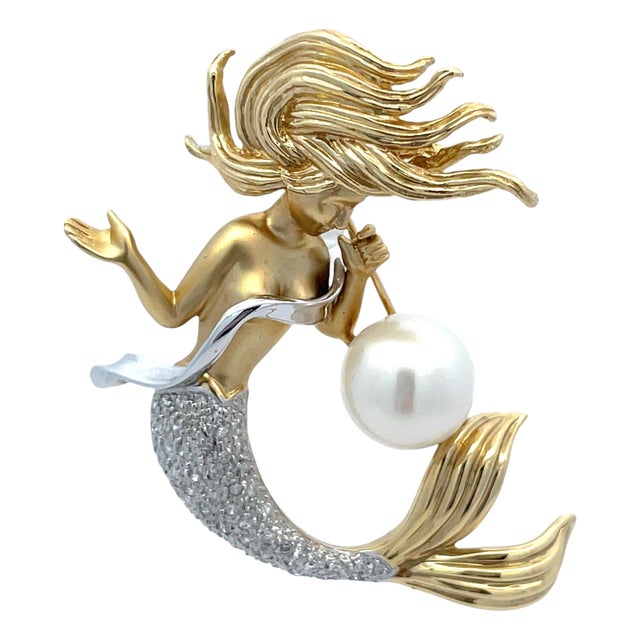 Mid 20th Century 14k Two-Tone Gold Vintage Mermaid Brooch Pin With Pearl & Diamond Tail For Sale