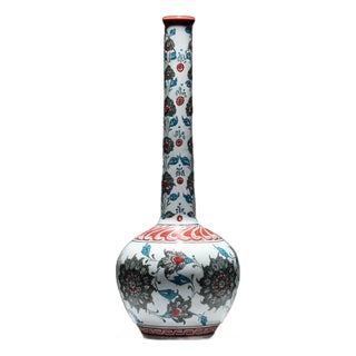 Handmade Ceramic Long Neck Vase (25cm) – Grey Lotus & Red Shoulder – Elegant Bottle Form For Sale