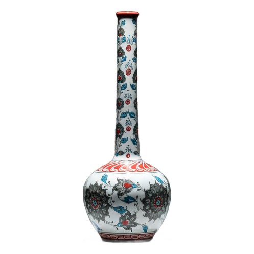 Handmade Ceramic Long Neck Vase (25cm) – Grey Lotus & Red Shoulder – Elegant Bottle Form For Sale