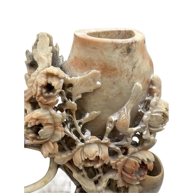 Vintage Soapstone Carvied Triple Vase Birds and Flowers For Sale - Image 13 of 15