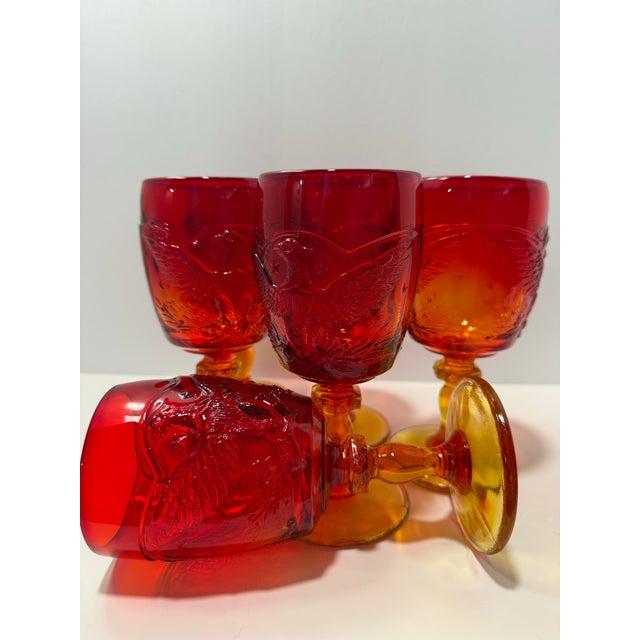 American Vintage Amberina American Eagle & Stars Goblets – Red & Amber Patriotic Glass - Set of 6 For Sale - Image 3 of 8