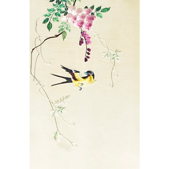 1980s Vintage Hand Embroidered Chinese Silk Panel With Birds Framed 41" H For Sale - Image 5 of 7