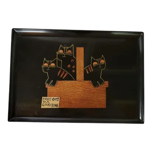 Mid Century Couroc Black Lacquer Tray With Free Cats