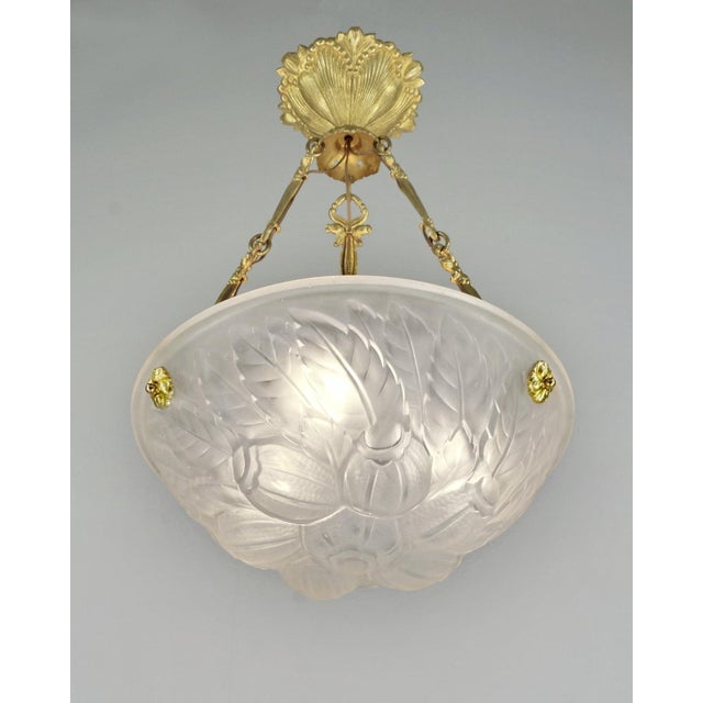 Art Deco Noverdy Vosges French Art Deco Pendant Chandelier 1920s - Frosted Glass & Bronze For Sale - Image 3 of 7