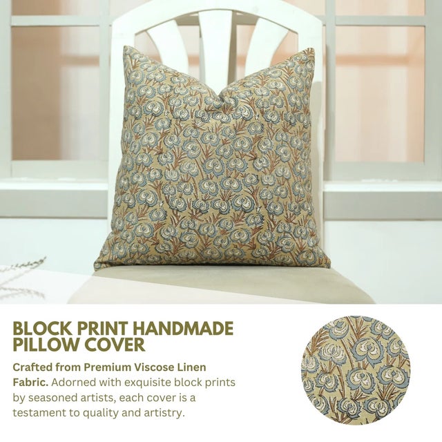 Heartvine block print handmade cushion cover. Crafted from breathable viscose linen, this design features delicate vine-...