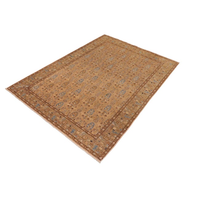 Shabby Chic Oriental Ziegler Tan Green Hand-Knotted Wool Rug - 6'10'' X 9'7'' For Sale - Image 3 of 8
