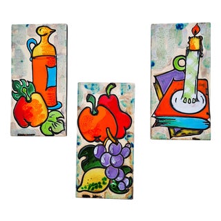 Hand-Painted Ceramic Tiles from Vallauris, 1980, Set of 3 For Sale