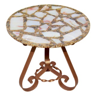 Vintage Agate, Onyx & Abalone Mosaic Side Table With Wrought Iron Base – Hollywood Regency / Mexican Modern For Sale