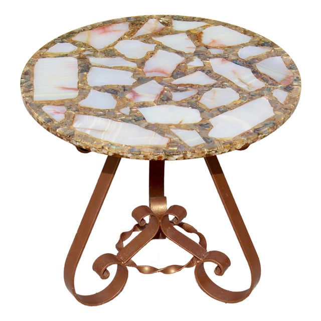 Vintage Agate, Onyx & Abalone Mosaic Side Table With Wrought Iron Base – Hollywood Regency / Mexican Modern For Sale
