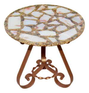 Vintage Agate, Onyx & Abalone Mosaic Side Table With Wrought Iron Base – Hollywood Regency / Mexican Modern