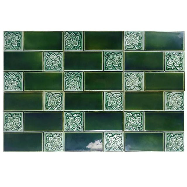 Amazing set of handmade tiles in rich green colors. Each tile is divided into six faces. Manufactured early 20th century,...