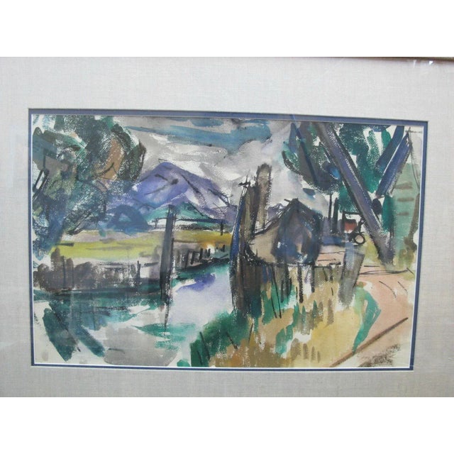 David McCosh (1903 - 1981) abstract watercolor mountain landscape painting on paper. Signed at lower right. Shows an...