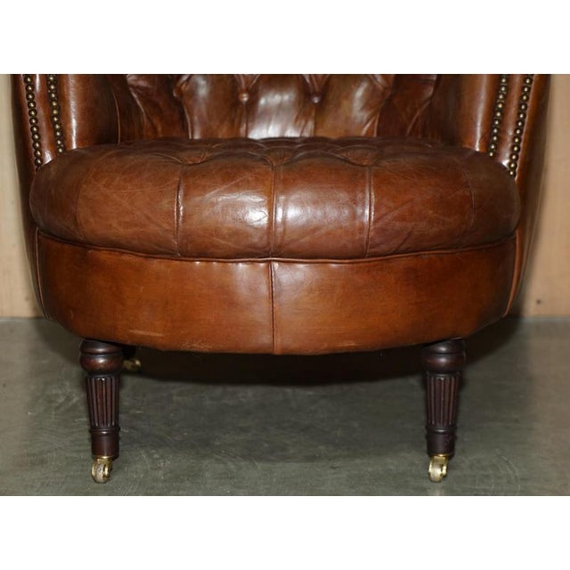 Hand-Dyed Brown Leather Chesterfield Club Tub Barrel Armchair with Brass Castors For Sale - Image 11 of 18
