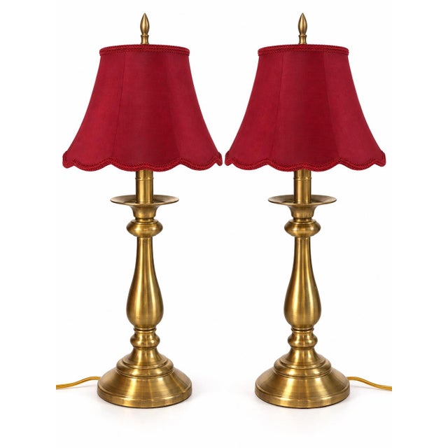 Vintage Stiffel Brass Candlestick Table Lamps With Red Scalloped Shades - Pair For Sale In Los Angeles - Image 6 of 7
