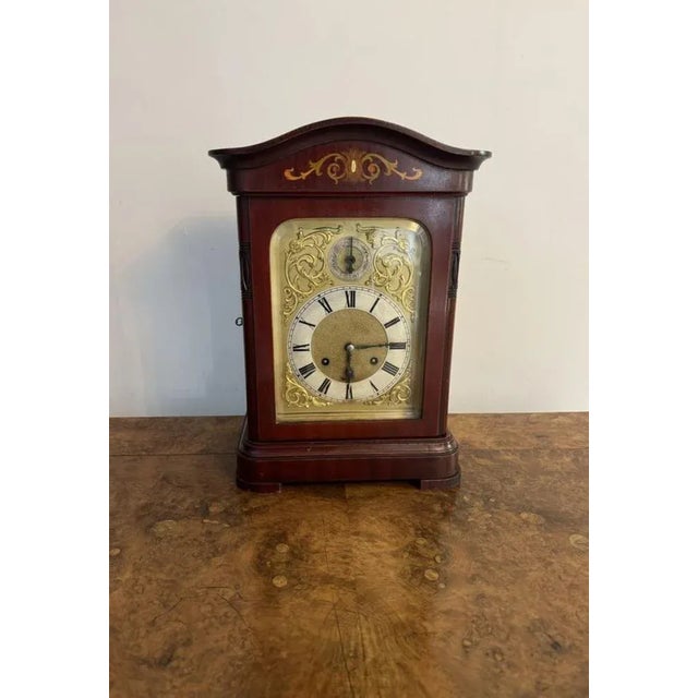 1900 - 1909 Edwardian Mahogany Inlaid Chiming 8 Day Mantle Clock, 1900s For Sale - Image 5 of 8