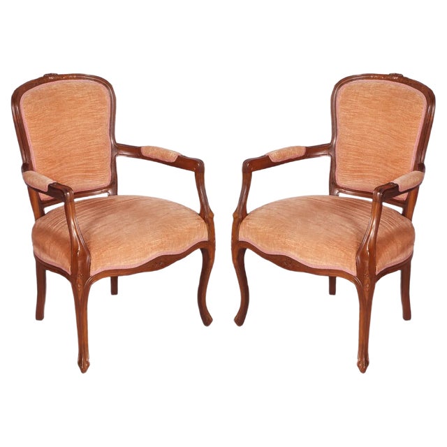 Art Nouveau Hand Carved Walnut and Pink Velvet Armchair, 1910s For Sale