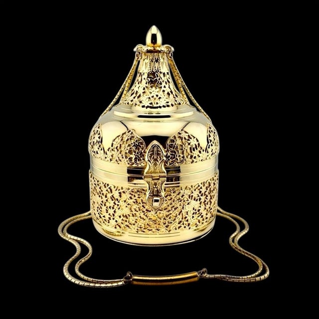 Mid-Century Modern 80s Judith Leiber Shoulder Bag Filigree Gold Plate Metal Embossed Evening Bag Floral Vintage For Sale - Image 3 of 9