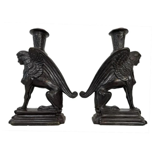 Maitland - Smith Pair of Art-Deco Iron Sphinx Candleholders For Sale - Image 4 of 4