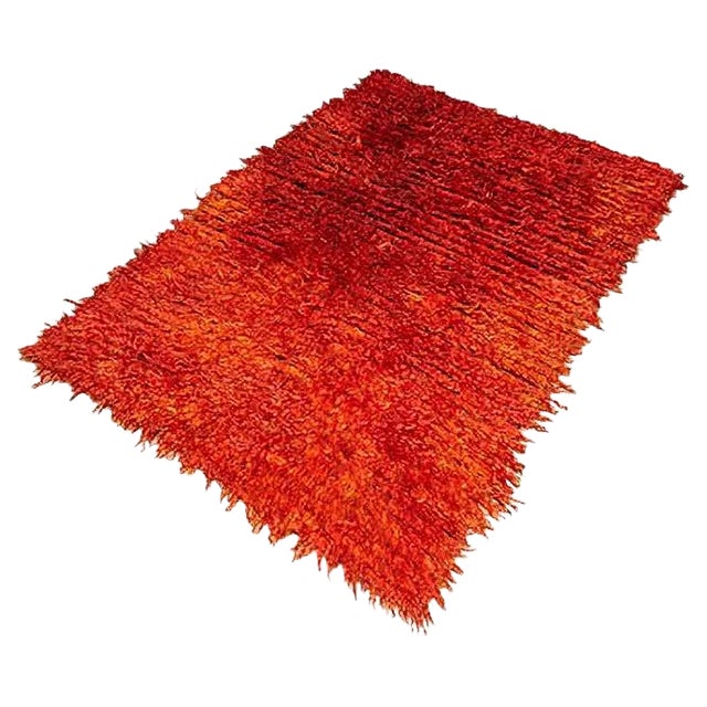 Turkish Hand Knotted Orange Wool Rug, 1980s For Sale