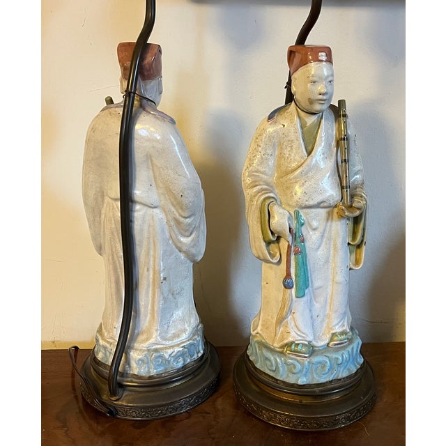 Cream Antique Early 20th Century Chinese Pottery Figures of Musician Attendants With Flutes Mounted as Table Lamps - A Pair For Sale - Image 8 of 9