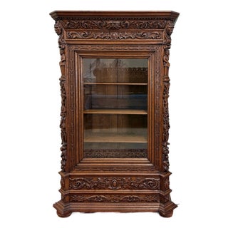 Antique French Renaissance Revival Bookcase Cabinet Side Doors Oak C. 1880s For Sale