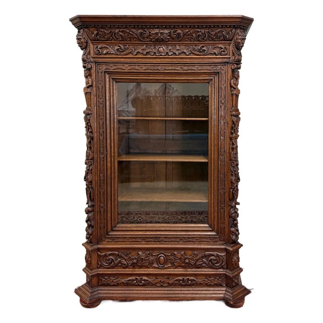 Antique French Renaissance Revival Bookcase Cabinet Side Doors Oak C. 1880s For Sale