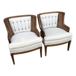 Vintage Hollywood Regency Cane Tufted Barrels Chairs - A Pair For Sale