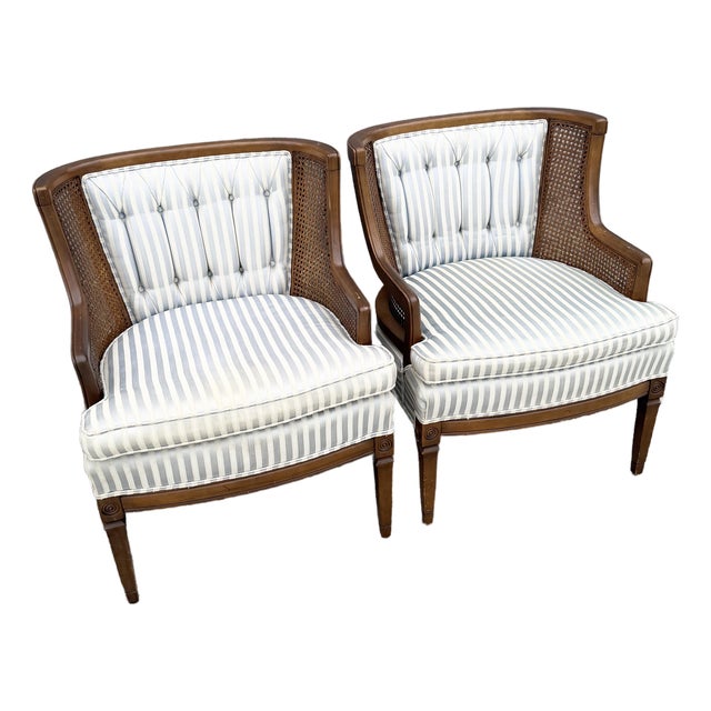 Vintage Hollywood Regency Cane Tufted Barrels Chairs - A Pair For Sale