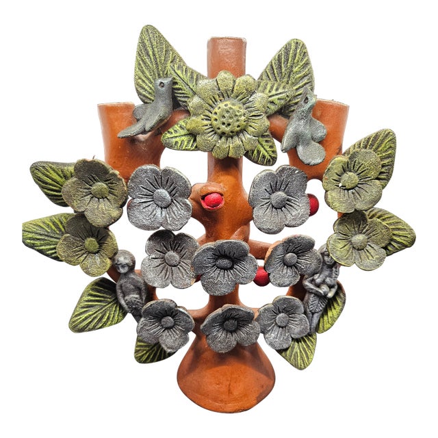 VTG Large Tree of Life Mexico Mexican Clay Candelabra Candle Holder Flower Bird For Sale