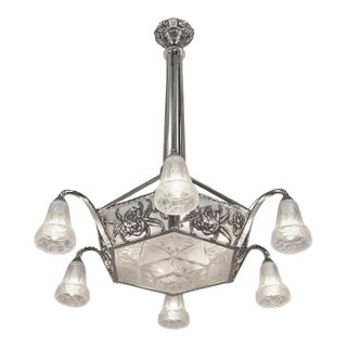1920s Hanots French Art Deco Chandelier in Nickeled Bronze For Sale