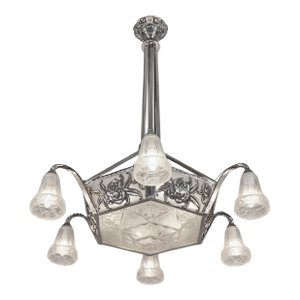 Hanots & Ollier French Art Deco Nickeled Bronze 12-Light Chandelier - 1920s