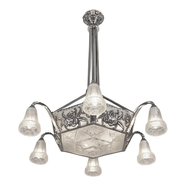 Ollier & Hanots French Art Deco Chandelier 1920s - Frosted Glass & Nickeled Bronze For Sale
