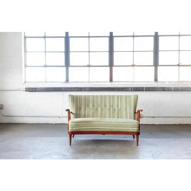 Danish 1940's Loveseat With Open Wooden Armrest and Green Striped Wool For Sale - Image 4 of 10