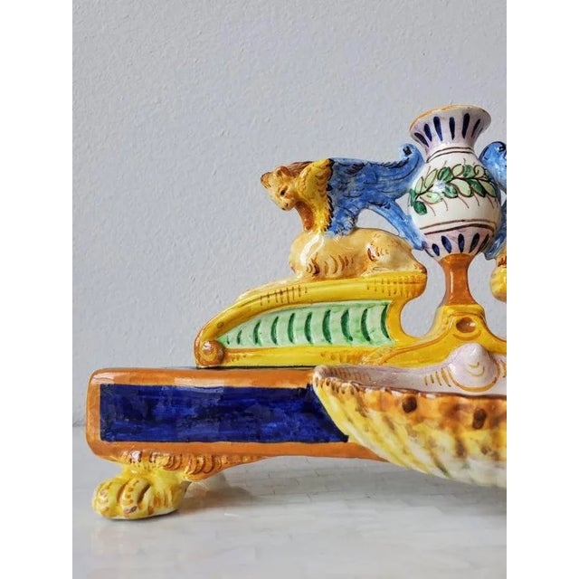 19th Century Antique Italian Renaissance Majolica Double Inkwell For Sale - Image 5 of 11