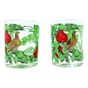 Pair Vintage Bergdorf Goodman Holiday Christmas Partridge Pear Tree Cocktail Glasses