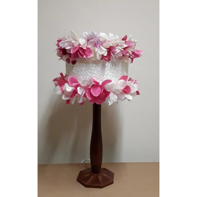 Art Deco Table Lamp in Walnut Wood with a Fabric Screen with Colored Flowers, 1920s, in Very Good conditions. Designed...