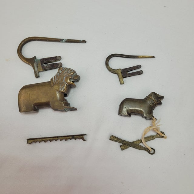 Vintage Brass Lion and Dog Puzzle Padlocks With Keys Figural Trick Locks For Sale - Image 4 of 13