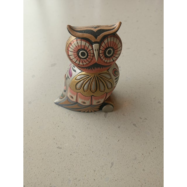 Ceramic Exquisite Tonala Mexican Folk Art Owl Figurine Gilted With Gold & Copper For Sale - Image 7 of 7
