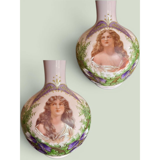 Late 19th Century Antique Austrian Portrait Vases Pair-Art Nouveau-Pink Enamel-Maiden-Porcelain For Sale - Image 5 of 11